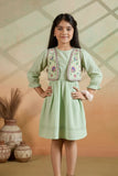Pastel Green Textured Dress with Embroidered Vest and Tassel Tie-Up For Girls