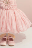 Pink Party Frock with Oversized Floral Appliqué and Pleated Shine Finish For Girls