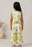 Girls White And Green Floral Printed Co-Ord Set with Sleeveless Bow Strap Top And Flared Pants