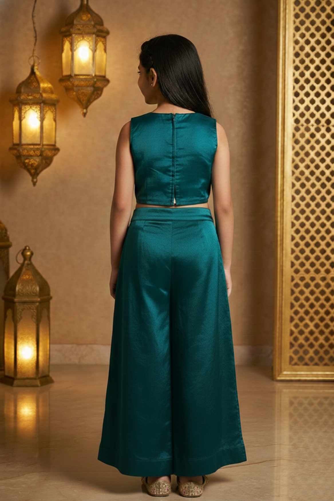 Blue Sequins Work With Thread Embroidery For Palazzo Set For Girls