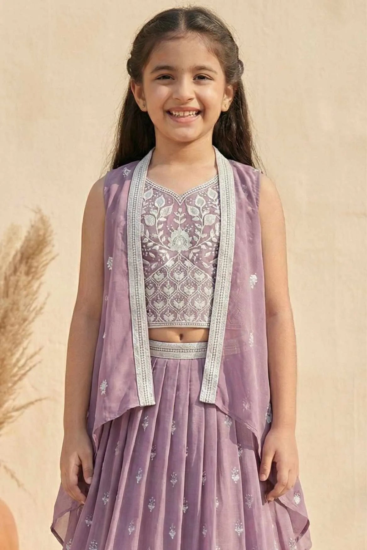 Mauve Embroidered Lehenga Choli with Layered Jacket For Girls