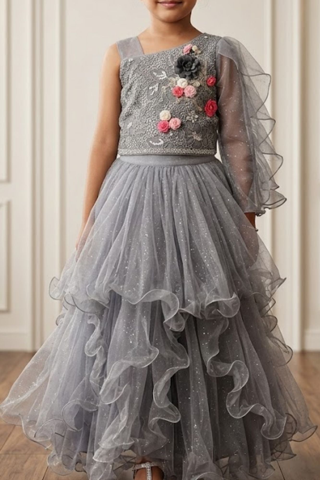 Girls Grey One-Shoulder Lehenga Choli with Dupatta And Layered Ruffle