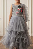Girls Grey One-Shoulder Lehenga Choli with Dupatta And Layered Ruffle