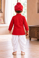 Boys Elegant Red Bandhani-Style Dhoti Set