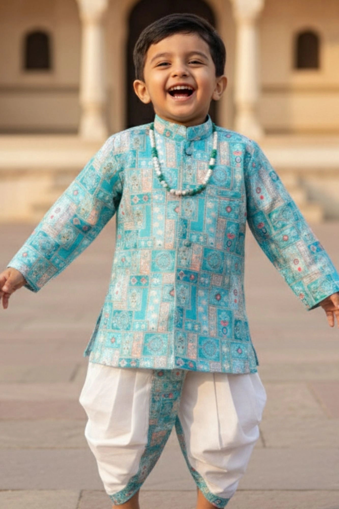 Aqua Blue Printed  Kurta And Dhoti  Set for Boys
