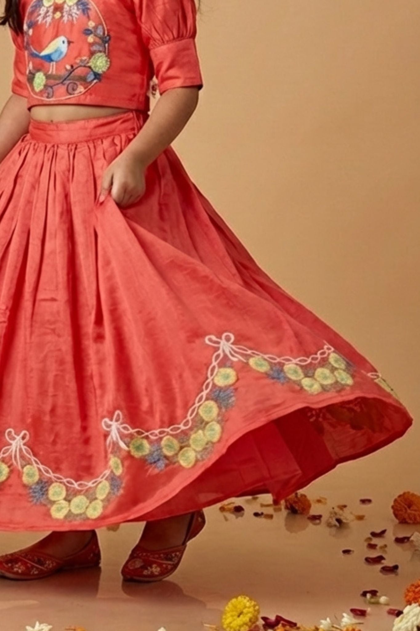 Coral Bird Embroidered Lehenga Choli Set For Girls