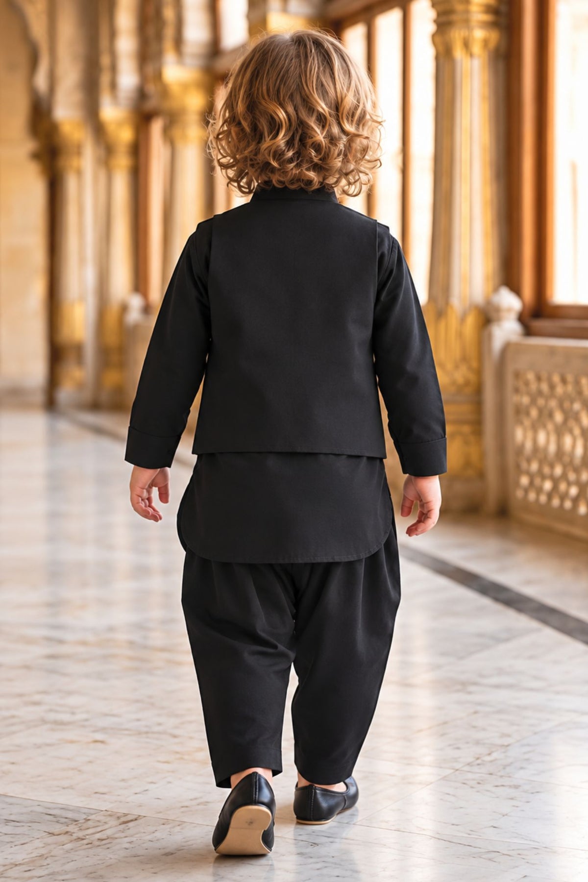 Boys Black With Silver Embellished Jacket Kurta Set With Nehru Jacket