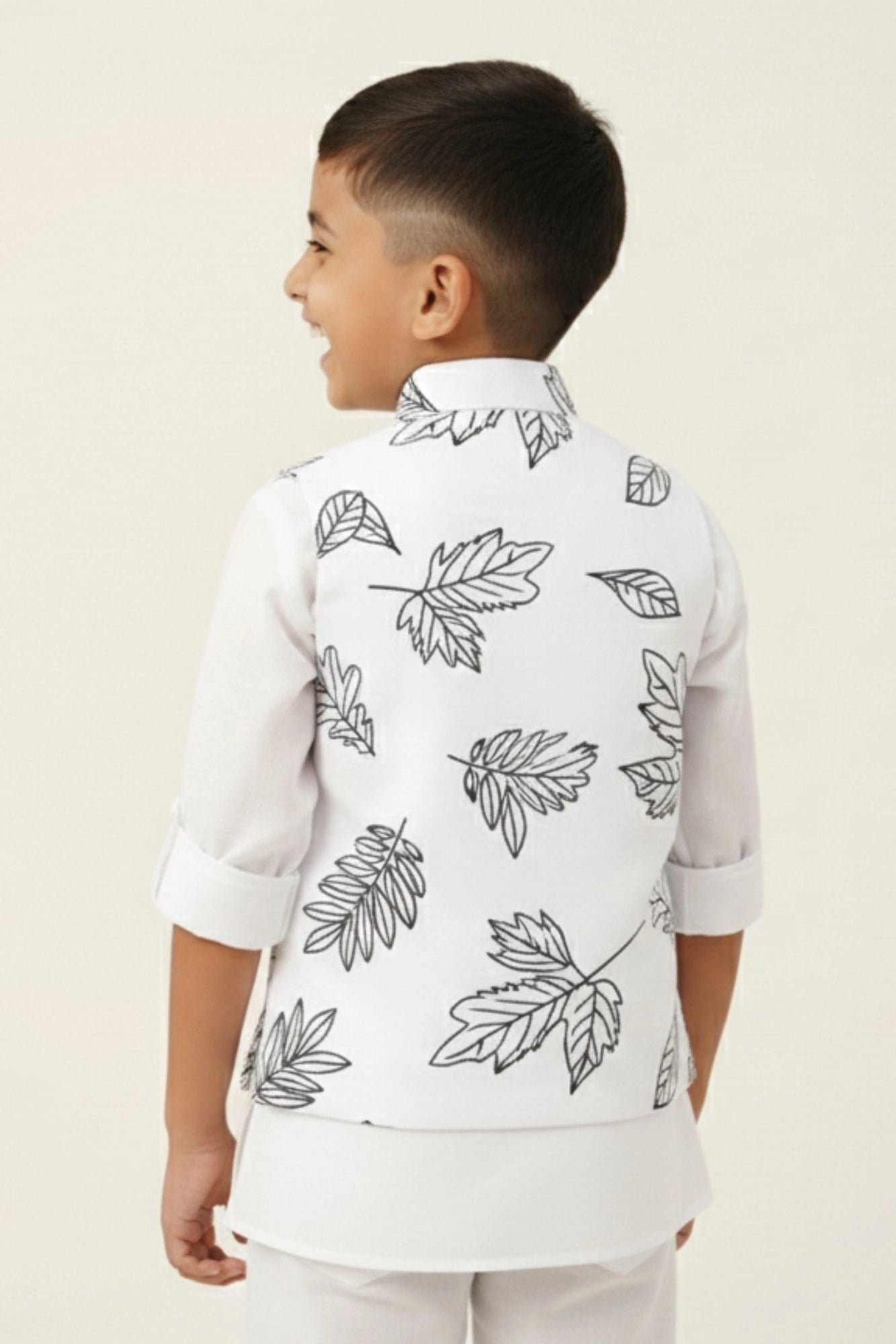 White Leaf Print Waistcoat with Mandarin Collar and Shirt For Boys