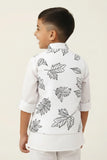 White Leaf Print Waistcoat with Mandarin Collar and Shirt For Boys