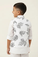 White Leaf Print Waistcoat with Mandarin Collar and Shirt For Boys