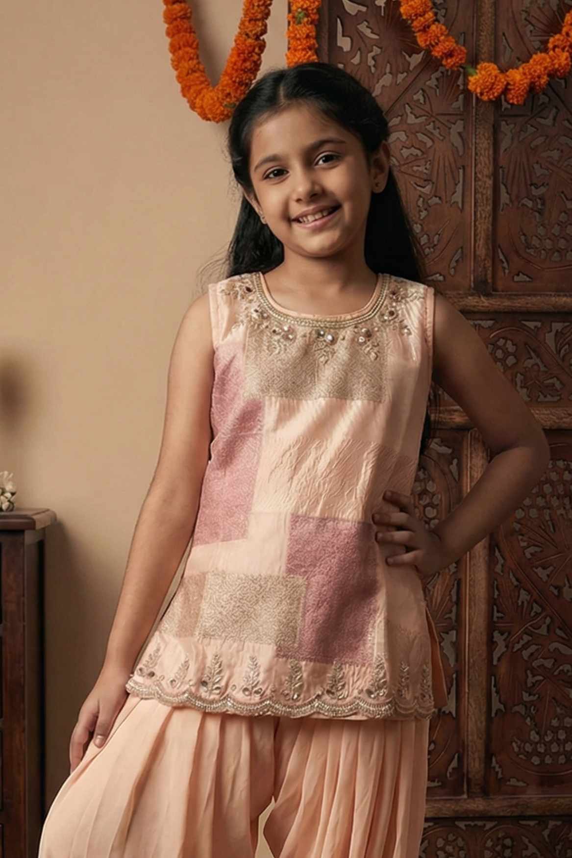 Peach Kurta With Patiala Bottom For Girls