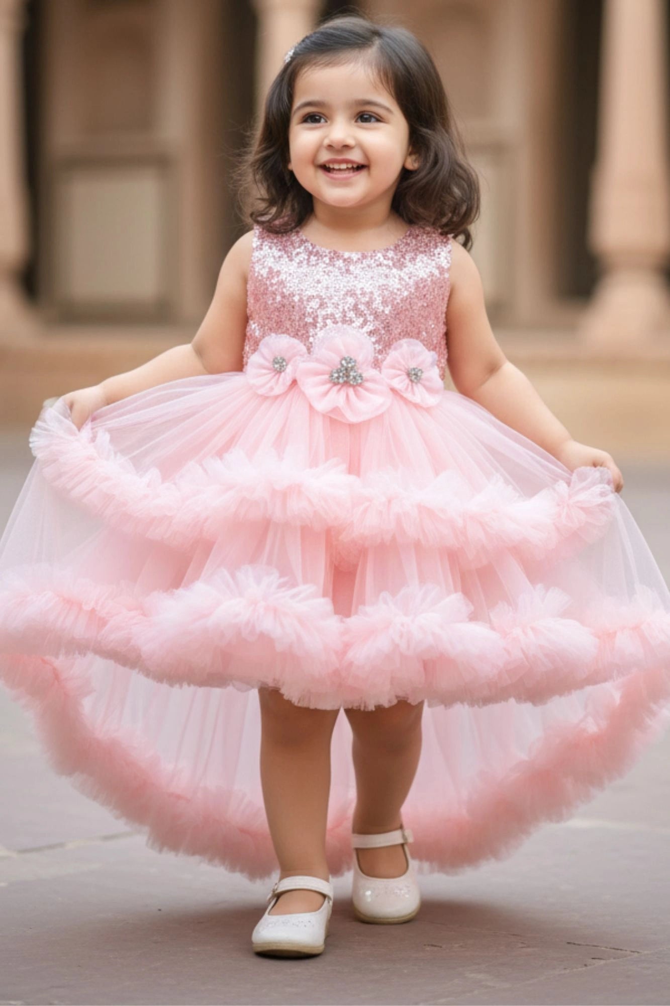 Peach Sequin Bodice High-Low Party Frock with Ruffle Layers For Girls