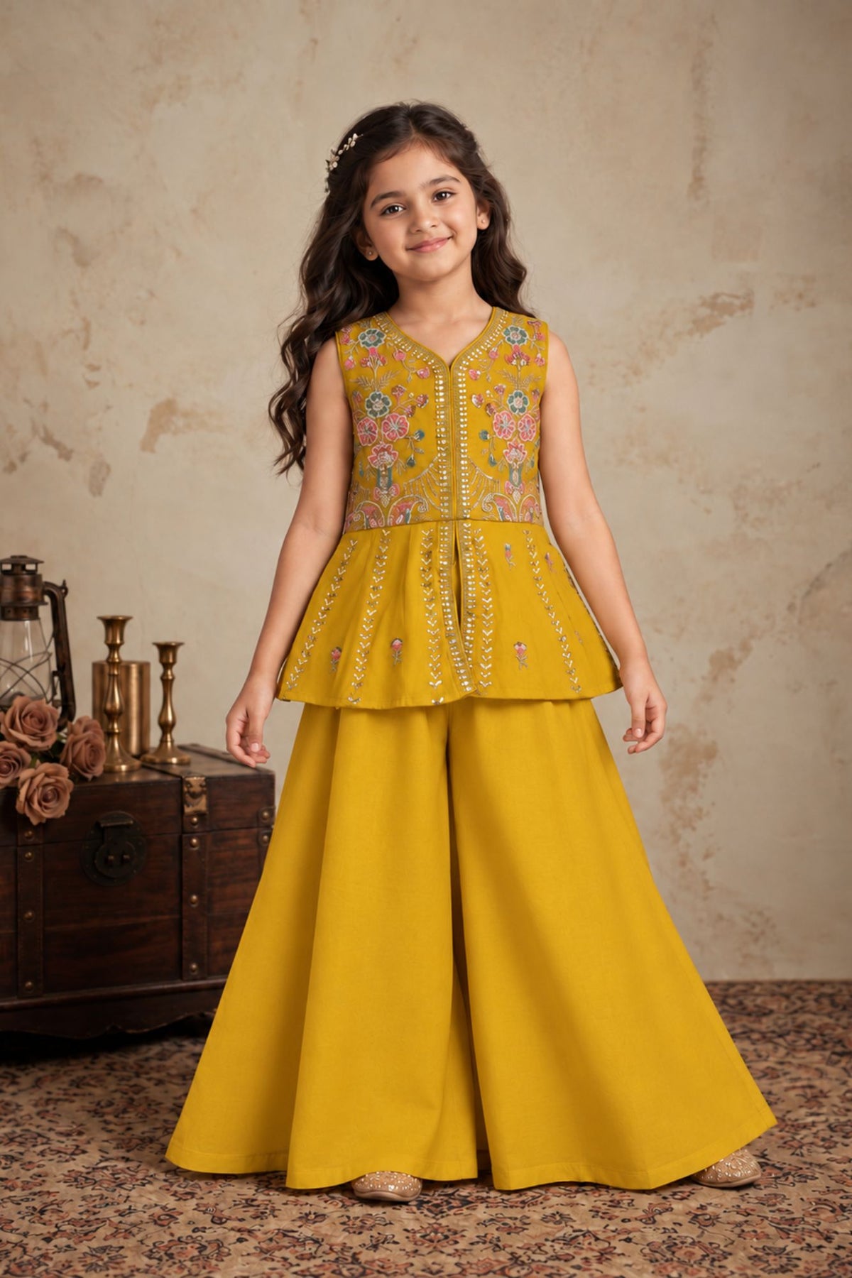 Girls Mustard With Multicolour Floral Bead Embroidered Peplum Top Palazzo Set