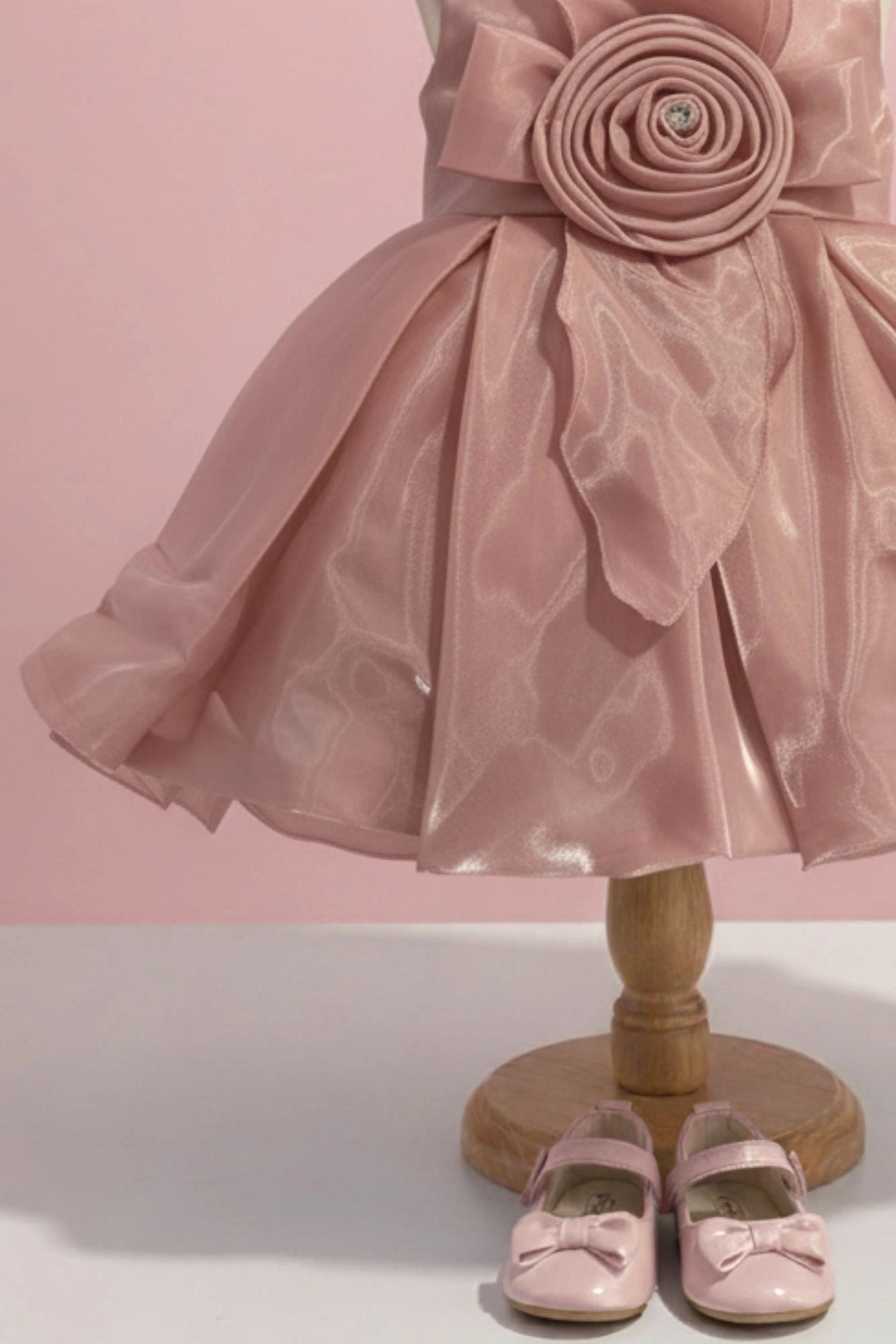 Onion Pink Party Frock with Rosette Bow and Shimmer Layers For Girls