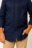 Classic Navy Blue Tuxedo Shirt With Pleated Front For Boys