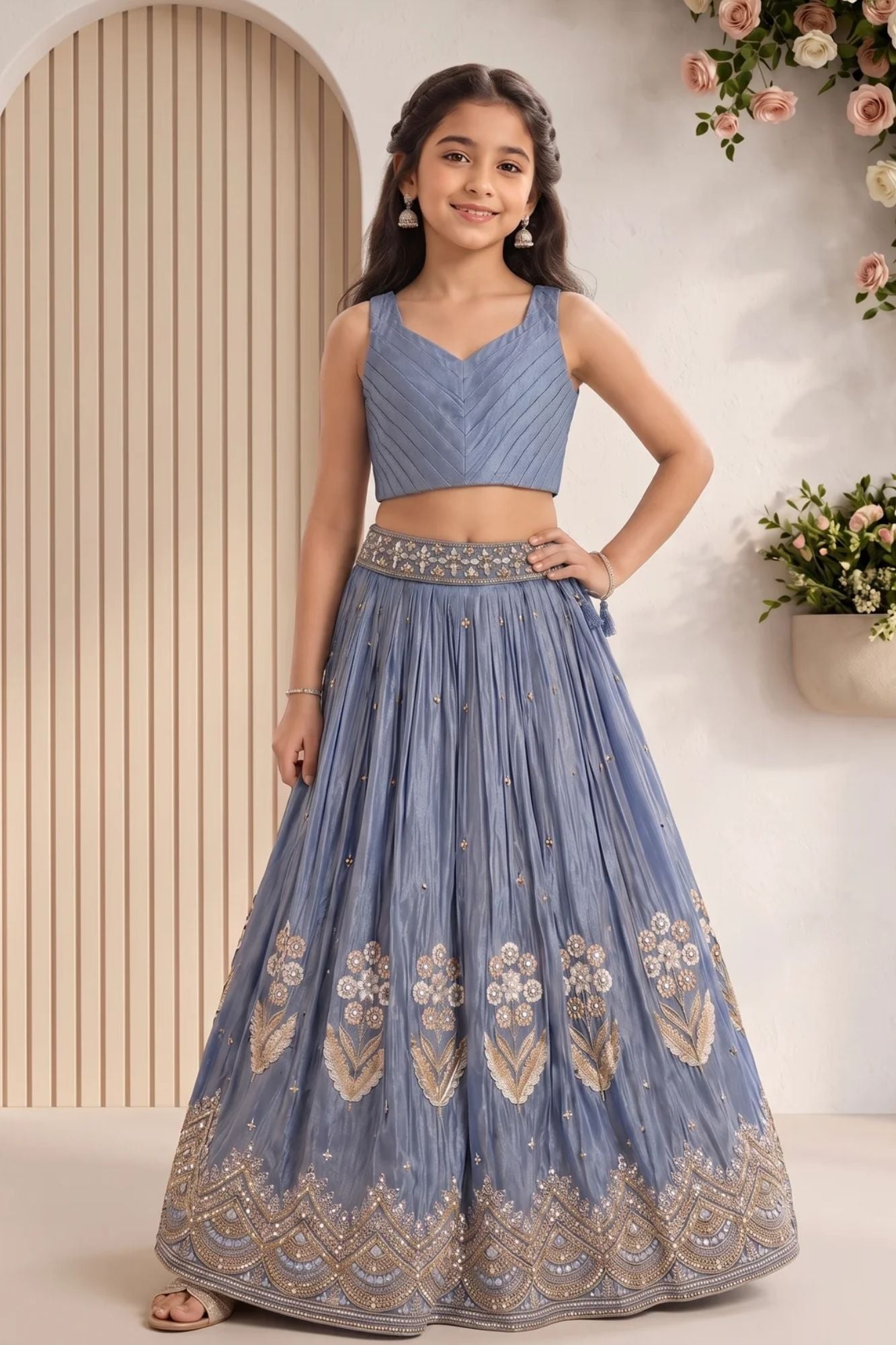 Dusty Blue Heavy Floral Embroidered Lehenga Choli with Jacket