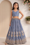 Dusty Blue Heavy Floral Embroidered Lehenga Choli with Jacket