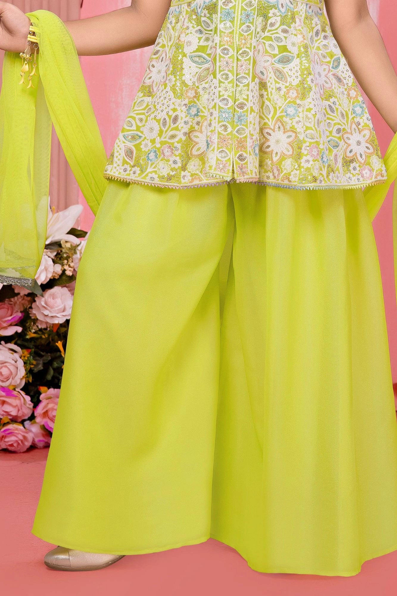 Yellow Multi-Thread Embroidered Palazzo Set for Girls