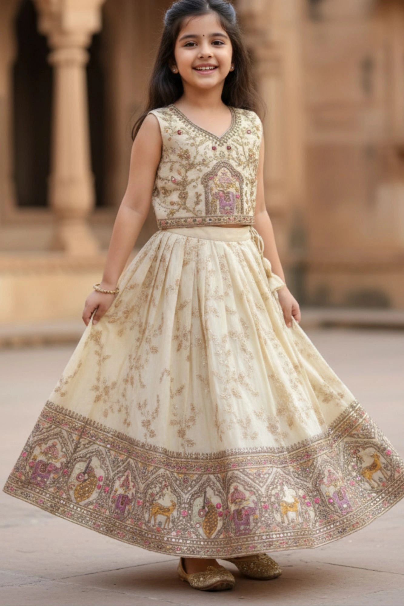 Cream Embroidered Lehenga Choli with Royal Elephant & Peacock Motif Border For Girls
