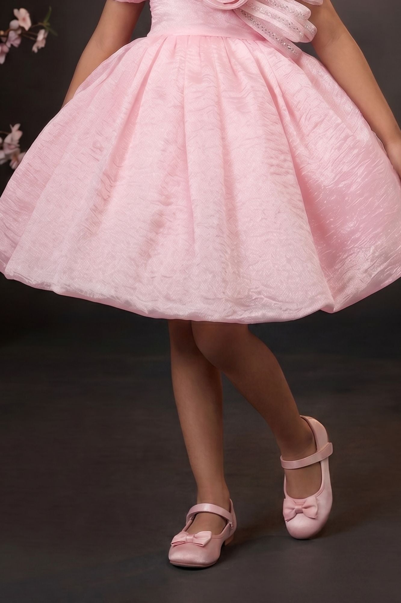 Pink One-Shoulder Party Frock with 3D Floral Bow For Girls