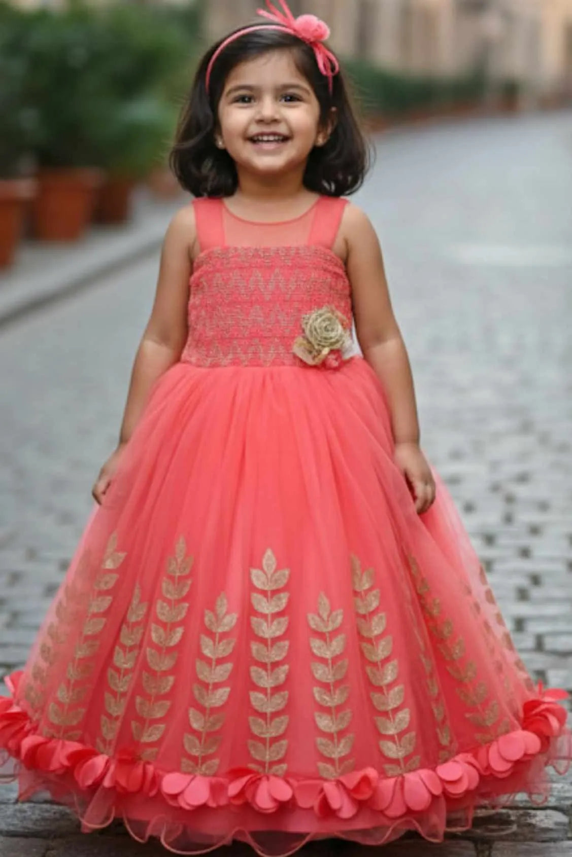 Tomato Net Embellished Gown For Girls