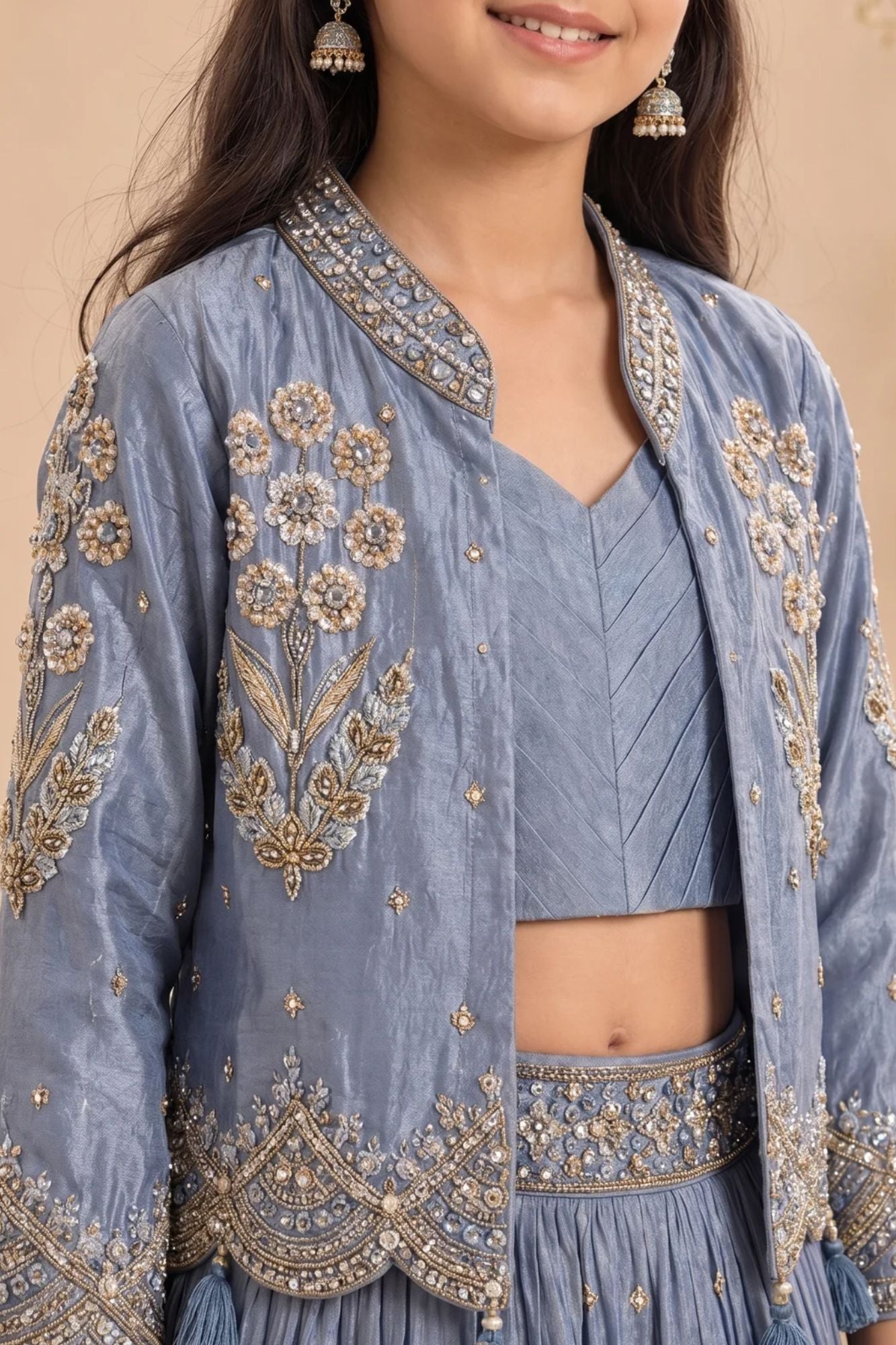Dusty Blue Heavy Floral Embroidered Lehenga Choli with Jacket