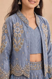 Dusty Blue Heavy Floral Embroidered Lehenga Choli with Jacket