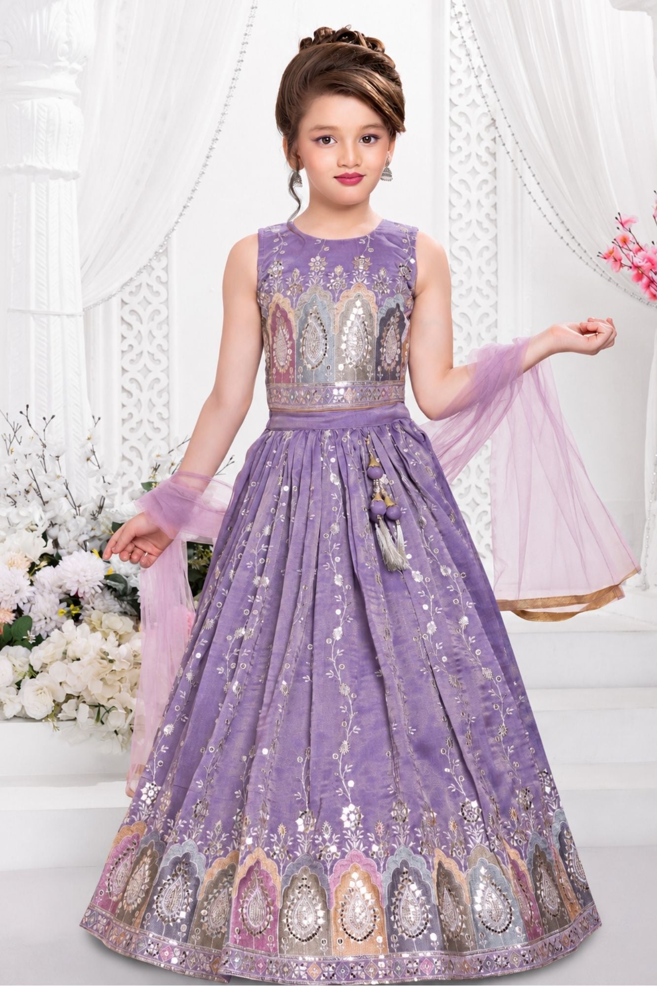 Girls Lavender Multicolour Zari Embroidered Lehenga Choli Set With Dupatta