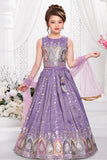 Girls Lavender Multicolour Zari Embroidered Lehenga Choli Set With Dupatta