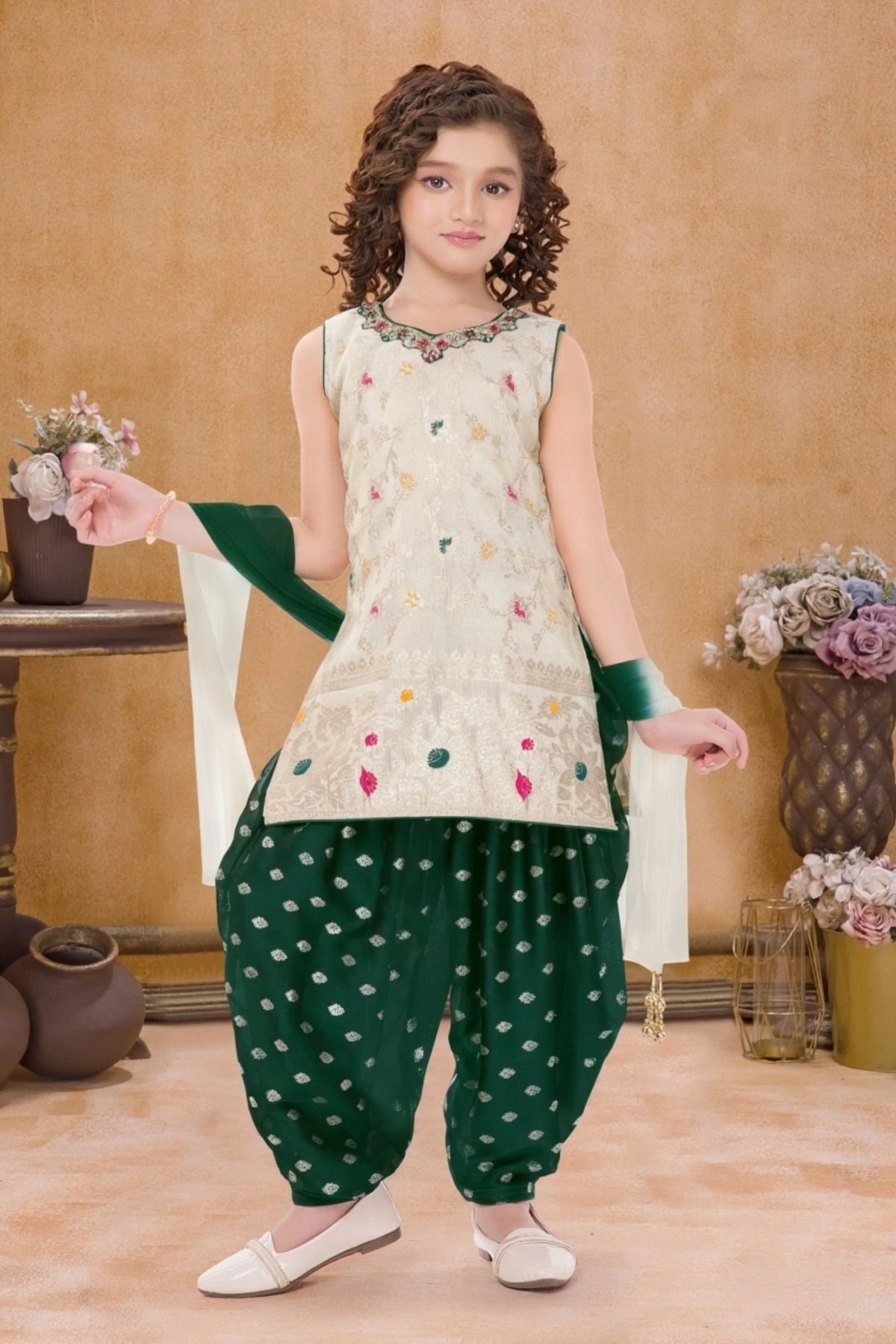 Green And Cream Embroidered Patiala Set For Girls