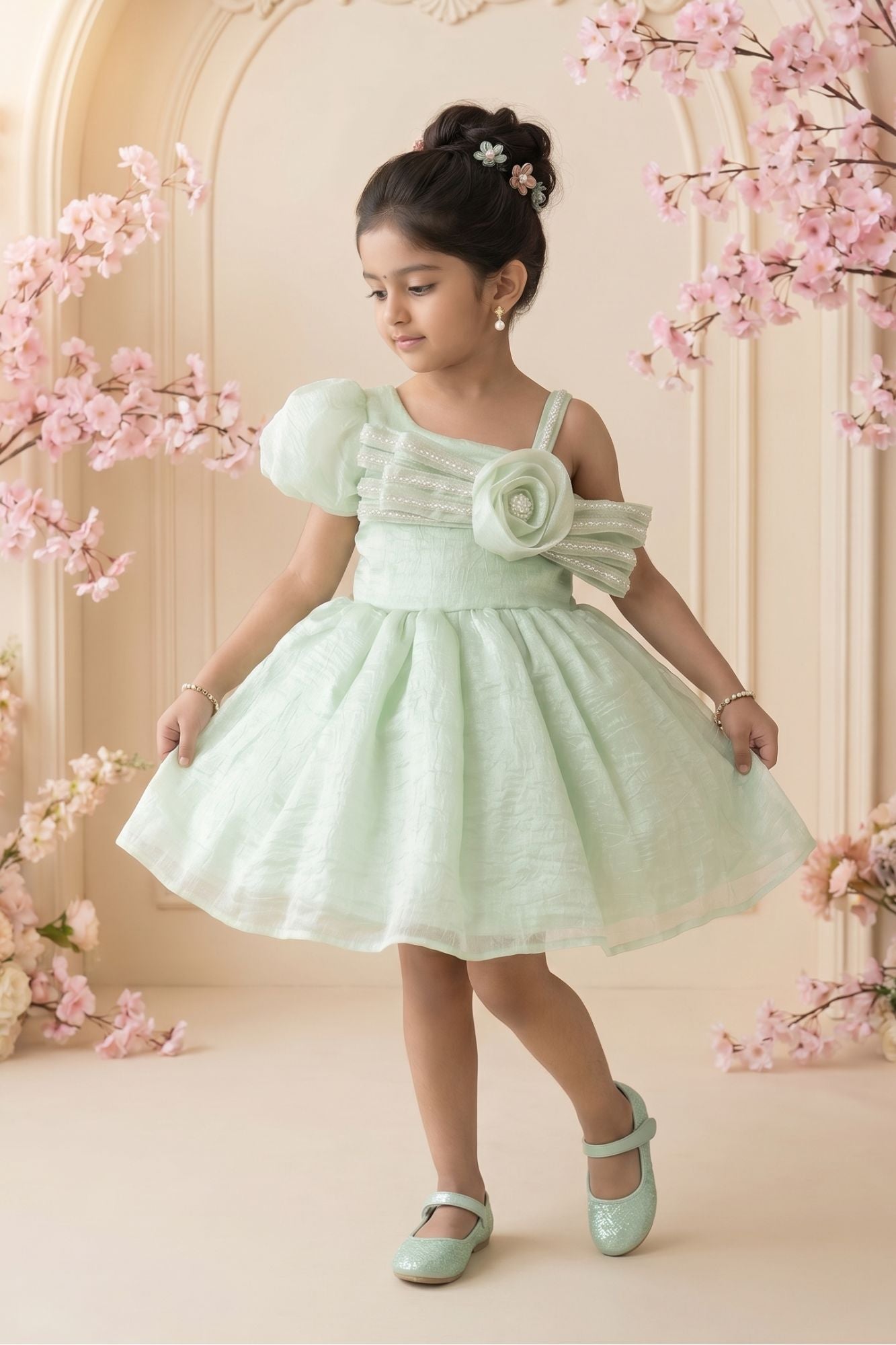 Pista Green One-Shoulder Party Frock with 3D Floral Bow For Girls