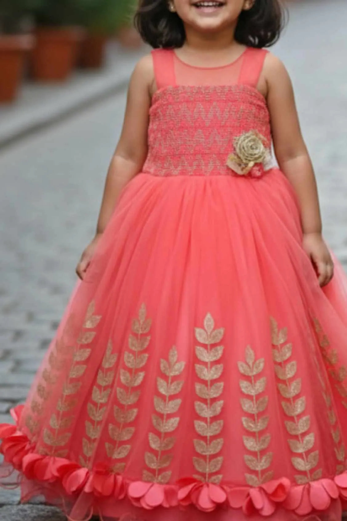 Tomato Net Embellished Gown For Girls