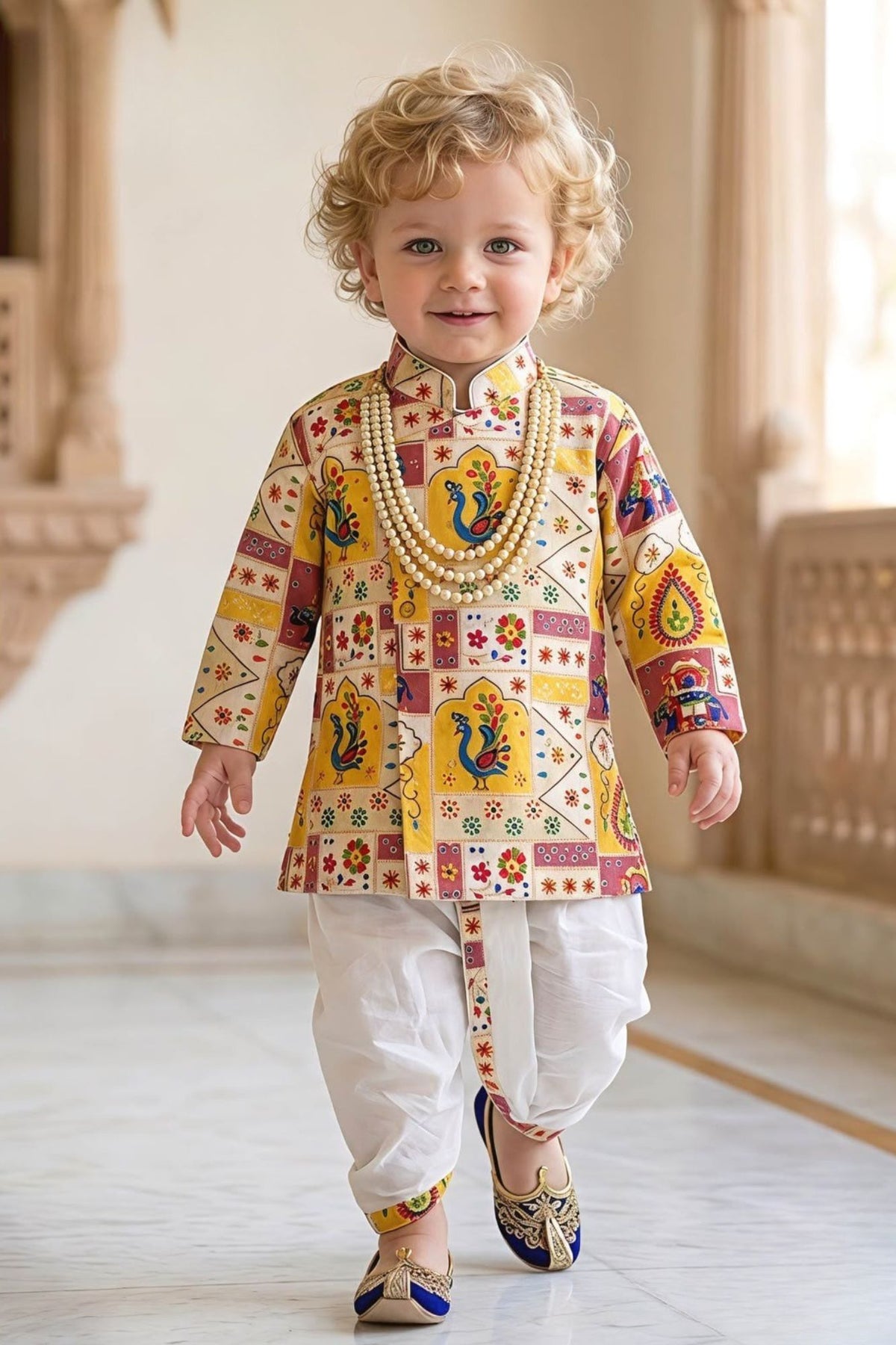 Royal Boys Multicolor Peacock Print Dhoti Set