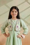 Pastel Green Textured Dress with Embroidered Vest and Tassel Tie-Up For Girls