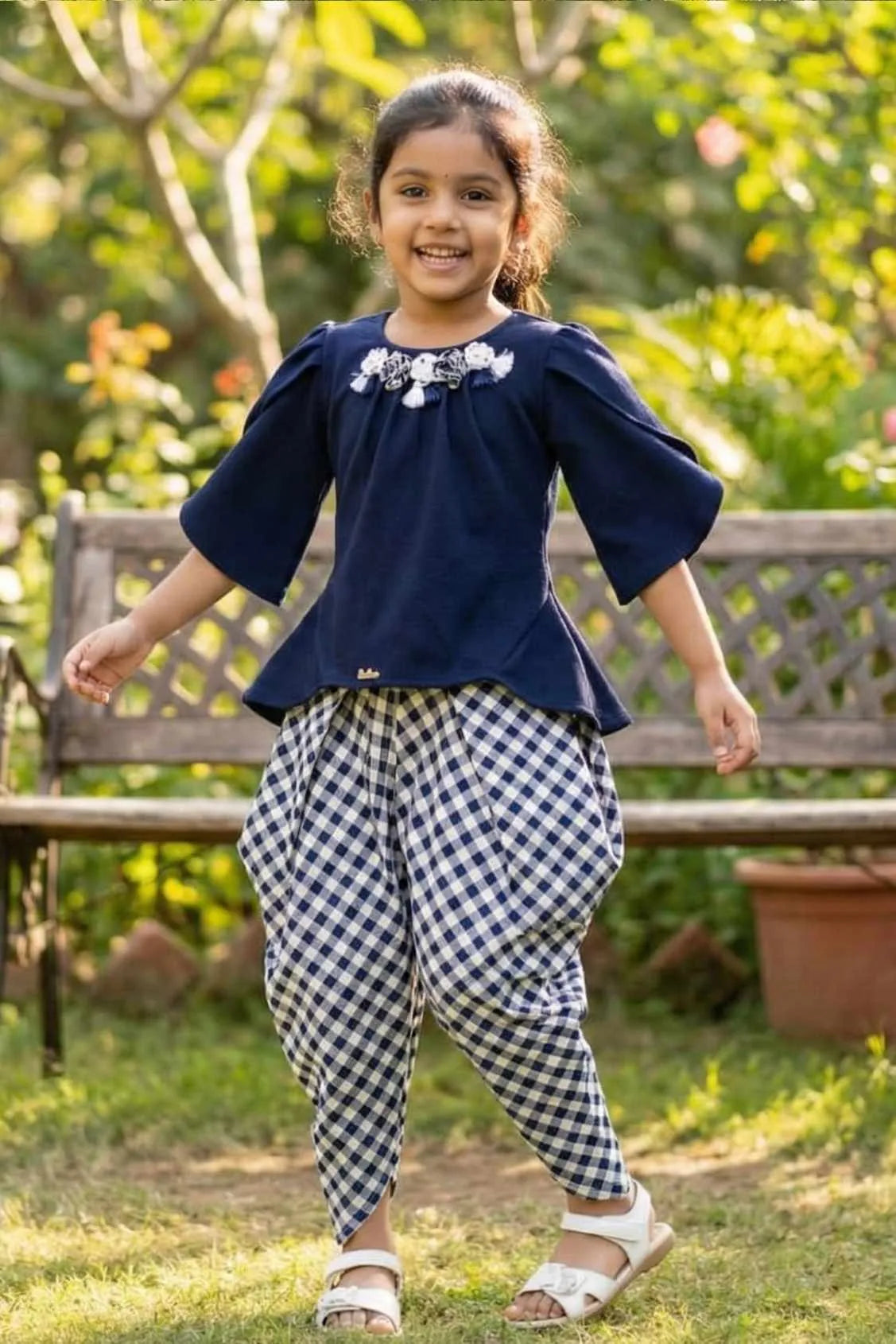 Navy Blue Top with Checkered Dhoti Pants Set For Girls