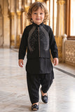 Boys Black With Silver Embellished Jacket Kurta Set With Nehru Jacket
