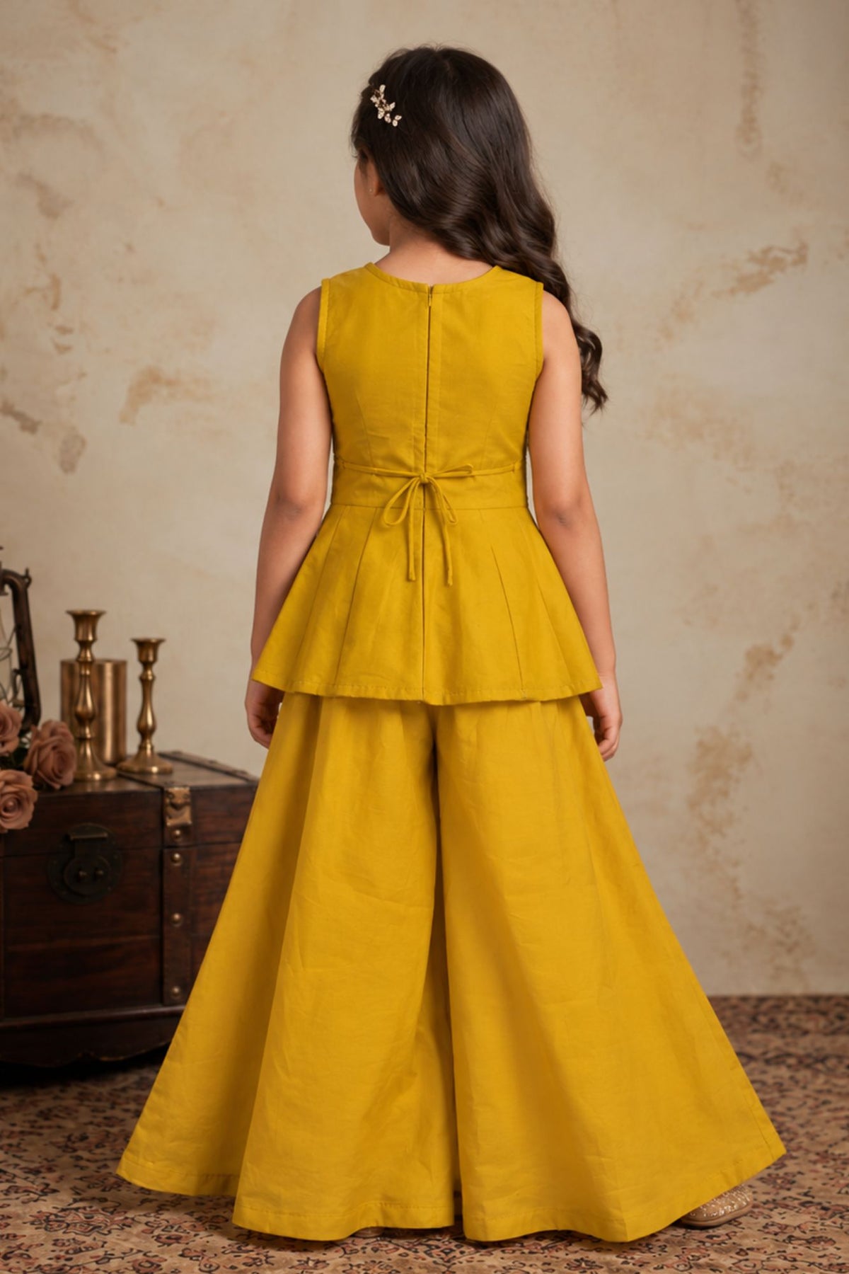 Girls Mustard With Multicolour Floral Bead Embroidered Peplum Top Palazzo Set