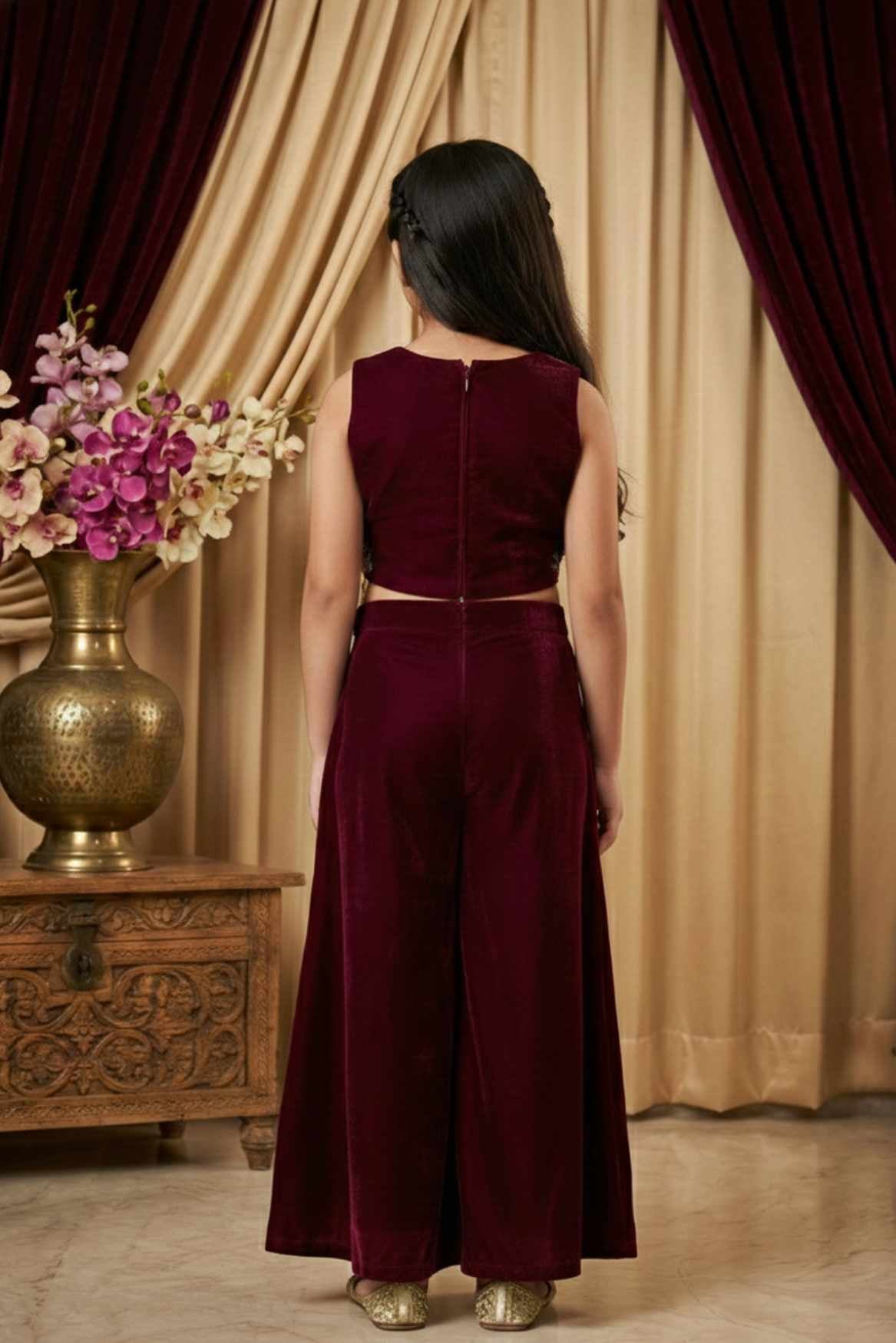Maroon Sequins Work With Thread Embroidery For Palazzo Set For Girls