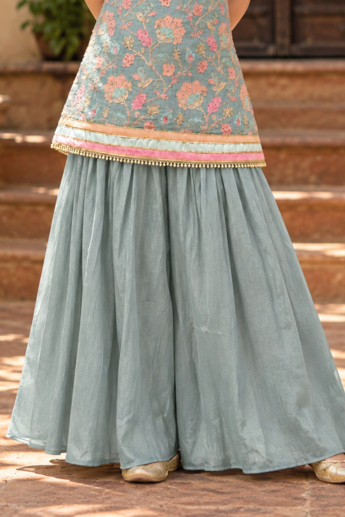 Powder Blue Floral Embroidered Palazzo Set For Girls