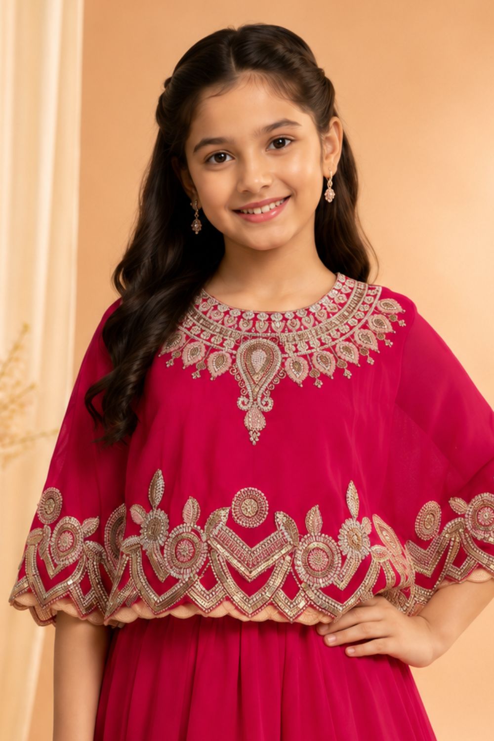 Designer Rani Pink Lehenga Choli with Embroidered Cape For Girls