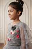 Girls Grey One-Shoulder Lehenga Choli with Dupatta And Layered Ruffle