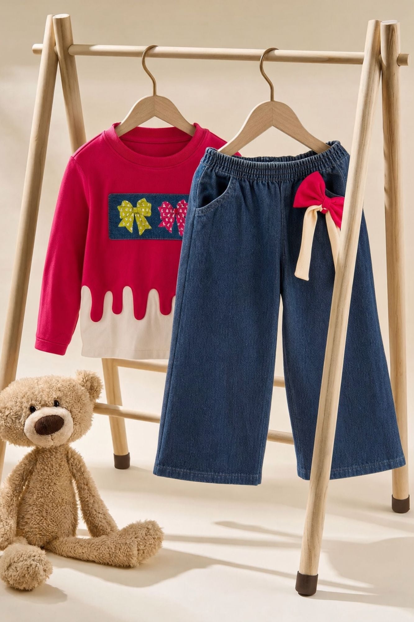 Girls Pink Top With Decorative Bow Detailed  Blue Wide Leg Pant Set