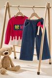 Girls Pink Top With Decorative Bow Detailed  Blue Wide Leg Pant Set