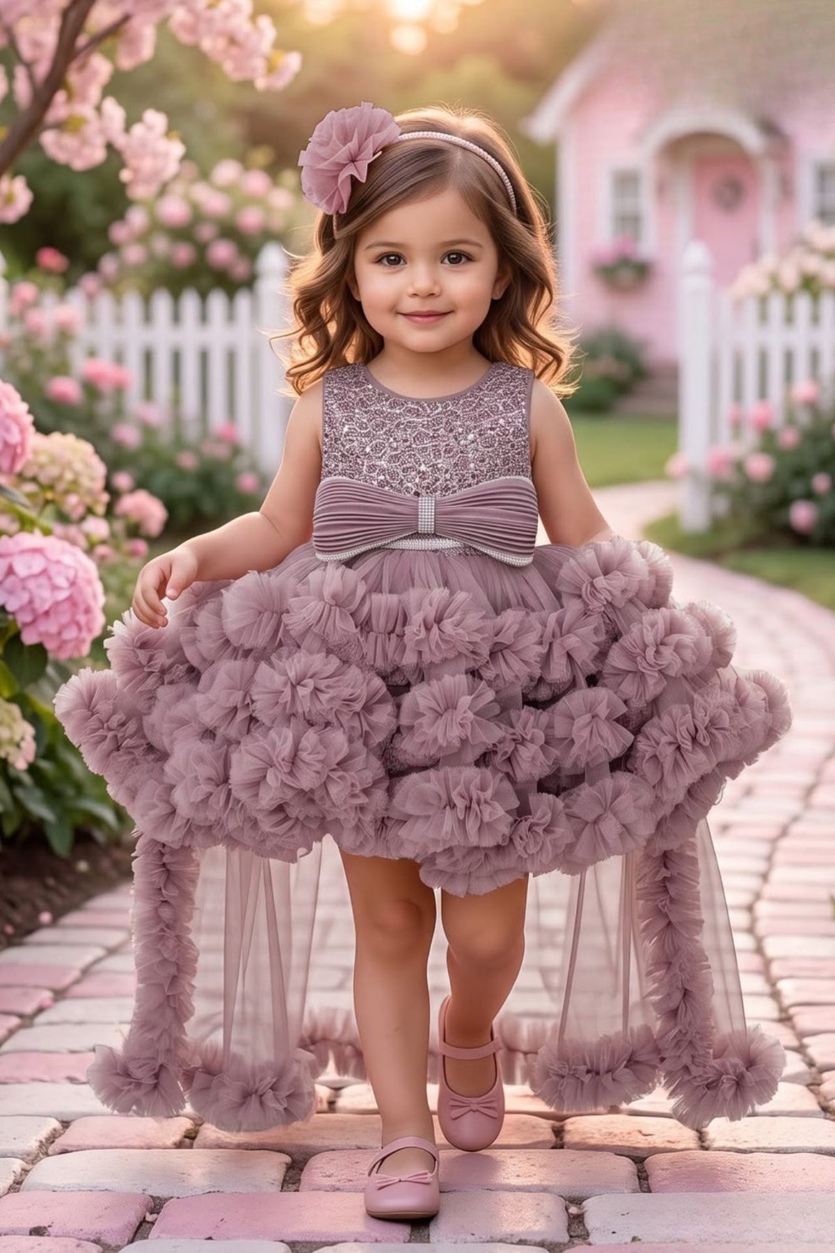 Girls Onion Pink Sequin High-Low Party Wear Frock