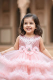 Peach Sequin Bodice High-Low Party Frock with Ruffle Layers For Girls