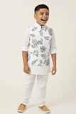 White Leaf Print Waistcoat with Mandarin Collar and Shirt For Boys