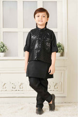 Black Kurta Set With Sequin Work Bandi For Boys