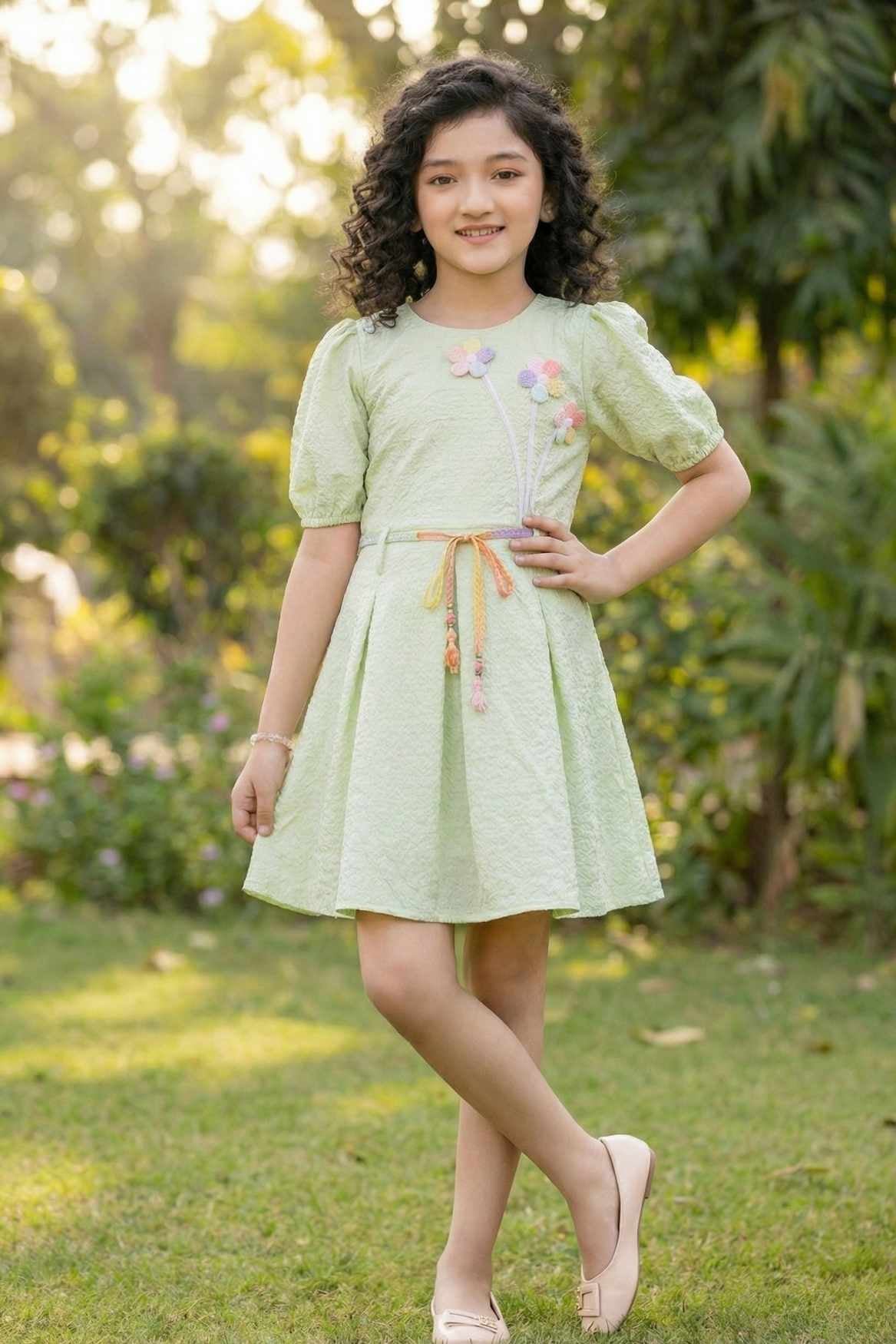 Pastel Green Puff Sleeve Casual Frock with Rainbow Belt & 3D Floral Appliqué For Girls