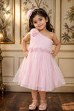 Pink Floral Embellished Frock With One-Sided Sleeve For Girls