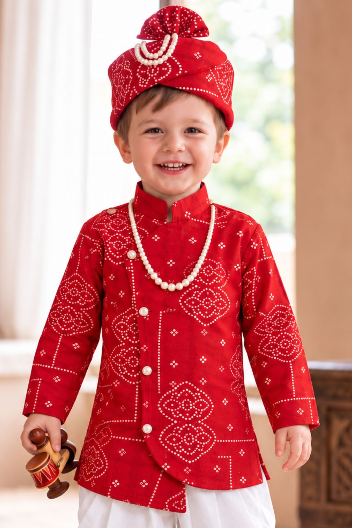 Boys Elegant Red Bandhani-Style Dhoti Set